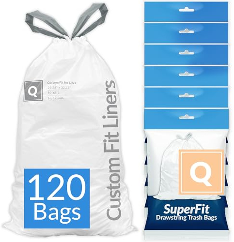 Reli. SuperFit Code Q (120 Count) | Compatible with Simplehuman Code Q | Dispenser Pack Custom Fit Liners | Drawstring Trash Bags | 50-65 Liter / 13-17 Gallon | White