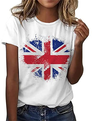 HAOLEI Union Jack T Shirt Women UK Clearance,Ladies Union Jack Tops Crewneck Short Sleeve Blouse Slim Fit Union Jack Flags Printed Casual Graphic Tee Sunflower Summer Tops Size 8-16 #06 White XXL
