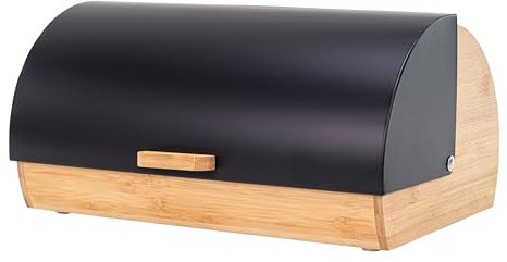 Erreke Brotkasten, Frisches Brot für längere Zeit, Bewahrt das Aroma, Brotkasten Schwarz, Brotbehälter Hergestellt aus Stahl und Bambus, Schiebedeckel, Brotbox Schwarz