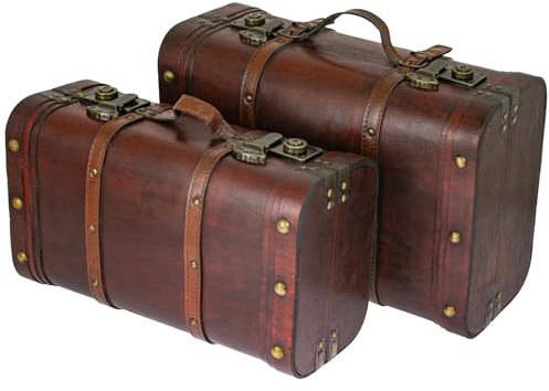 HMF Cofre del tesoro de madera, Baúl grande con cierres de presión, Maleta vintage decorativa para cumpleaños infantil, boda o aniversario | Set de 2, 40 + 45 cm | Perú