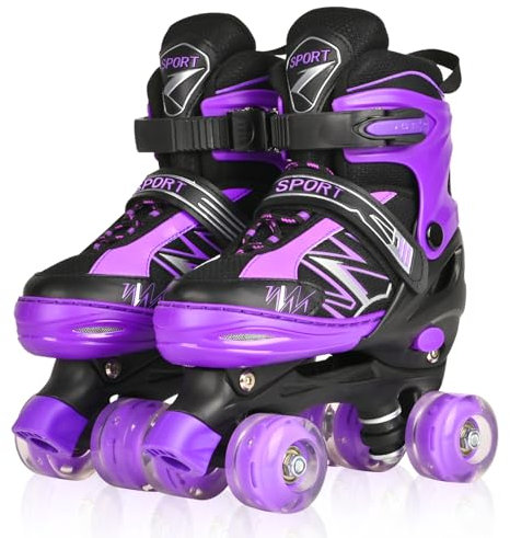 LOKJIJI Rollschuhe für Kinder Jungen Mädchen Anfänger, Einstellbar 4 Größen für Kinder und Jugendliche Teenager, Quad Schwarz & Violett Rollschuhe für Sport (Large_36-40 EU)