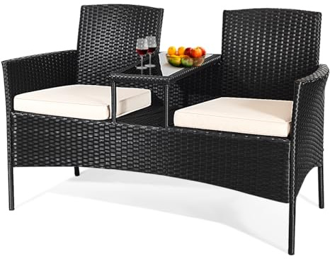 LIFEZEAL Panca doppia in rattan, poltrona da giardino per 2 persone, con tavolino in vetro temperato, sedia divano a 2 posti con cuscini, mobile di conversazione per balcone patio
