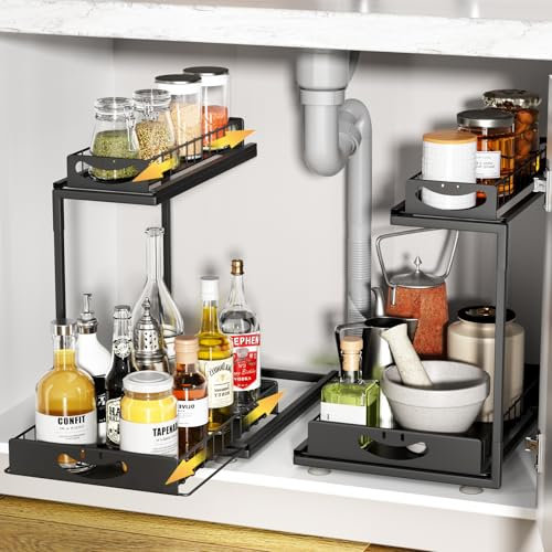 SUMAITech Organizer Sottolavello, Scaffale Estraibile a 2 Livelli, Organizzatore Metallo, Scorrevole Organizer Sottolavello Portaoggetti Ripiano Multiuso sotto Lavandino per Cucina Bagno Nero(2 pezzi)