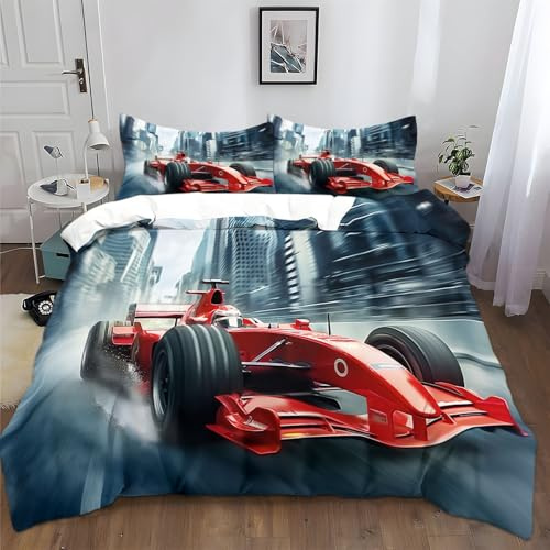 XCQHZYQ Duvet Cover Set King Size 220x230 cm Formula Car City Quilt Cover Easy Care Bed Linen Soft Polyester Cotton Cosy Bedding Sets with 2 Pillowcases 50x75 cm
