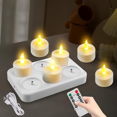 GOMETY 6 velas de té LED, recargables por USB, sin llama, con temporizador remoto, velas eléctricas de emulación para el hogar, habitación, mesa, Halloween, decoración navideña (marfil)