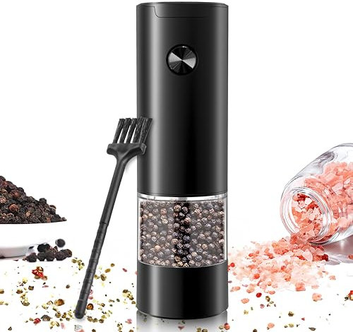 Aongray Moulin à poivre et sel électrique, fonctionnement à une main, fonctionne avec piles, moulin à épices en acier inoxydable avec lumière LED, grossier réglable, broyeur en céramique (1 pièce)