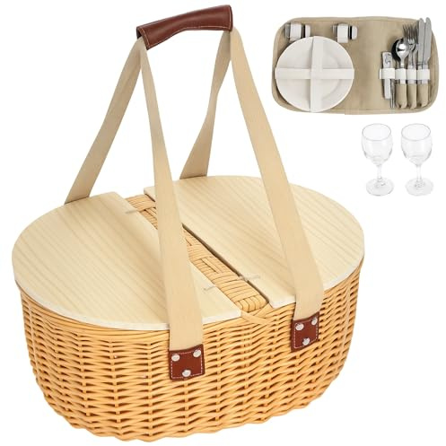 Outsunny Cesta de Picnic de Mimbre para 2 Personas con Tapa de Madera de Pino, Cesta de Picnic con Compartimento refrigerador, Kits de Servicio de Cubiertos, asa de Transporte para Camping, al Aire