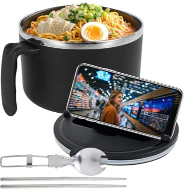 1200ml Rapid Ramen Bowl with Filterable Lid,304 Stainless Steel Ramen Bowl Large Capacity with Lid and Strainer Perfect for Noodles Soup Microwave Safe Includes Chopsticks and Spoon Easy to Clean Port