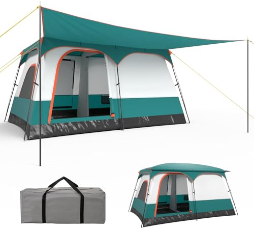 GYMAX Tente Camping Grande avec Auvent, 2 Chambres Séparées, Toit de Lucarne, Bâche Anti-Pluie Amovible, Portes et Fenêtres Enroulable, pour Extérieur Pique-Nique