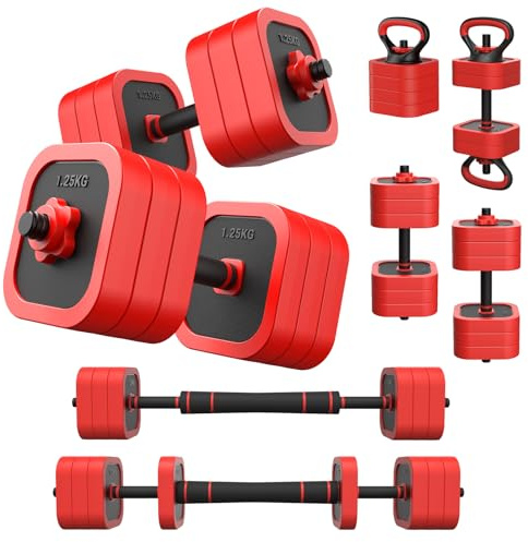 JOROTO Set di Manubri Regolabili 10KG 4-in-1-Manubri, Bilanciere, Kettlebell e Supporto per Flessioni con sabbia ferrosa, impugnatura antiscivolo, compatto per home gym, allenamento di forza e fitness