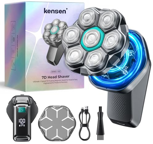 Kensen Rasoir Tete Chauve Homme 7D Rasoir Electriques Hommes 100 Mins d'Autonomie Tondeuse Crane Chauve IPX6 Étanche Sec & Humide Rasoir Crane Homme Chauve avec Écran LED，USB-C，8100 & 8500 tr/min