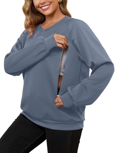 Bhome Womens Long Sleeve Nursing Shirts Dual Zippers Maternity Breastfeeding Sweatshirts V Neck Loose Fit Pregnancy Tops Fall Winter,Gray Blue XL