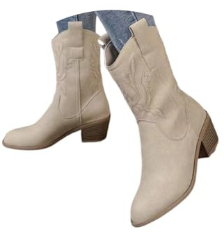 ENEN Santiag Femme Hiver Bottes Daim, Bottes Cowboy Femme Gros Mollet Country Mode Ankle Hiver de Trekking Plein Air Décontractée De La Mode Western Chaussures Broderie, 36-43 (Blanc,42)