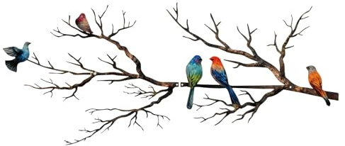 ESTART Metal Birds Wall Art, Metal Vivid Birds on Branch Silhouette Wall Decor Black Leaves with Bird Outdoor Hanging Wall Sculpture for Home Balcony Garden (Classic Color, Large)