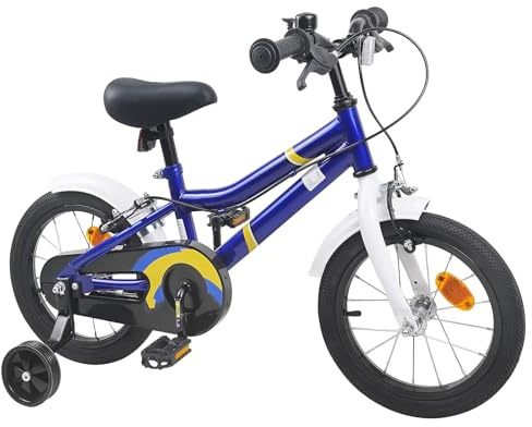 GeenYuu Barncykel 14 tums stålram för 3–5 år gammal blå vit med fälgbroms och skyddsplåt, lätt tvåhjuling för utomhus, staden och fritidskul