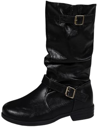 Générique Bottines mi-Mollet Tendance en Cuir pour Femme Chaussures décontractées avec Boucle Talons Bas Confortables pour Automne et Hiver