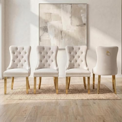 HomeTouch Set of 4 LuxuryKitchen Dining Chairs Velvet Upholstered Knocker Back Chairs with Gold Steel Legs for Dining Room, Home Office, Accent Chairs, Hand Made (4, Beige Gold)