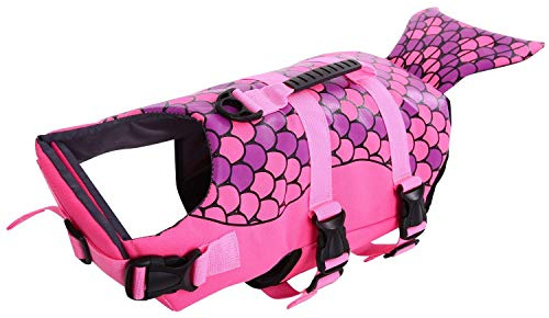 Queenmore Dog Life Jacket Ripstop Shark Dog Safety Vest Adjustable Preserver with High Buoyancy and Durable Rescue Handle for Small,Medium,Large Dogs, Pink Fish Medium