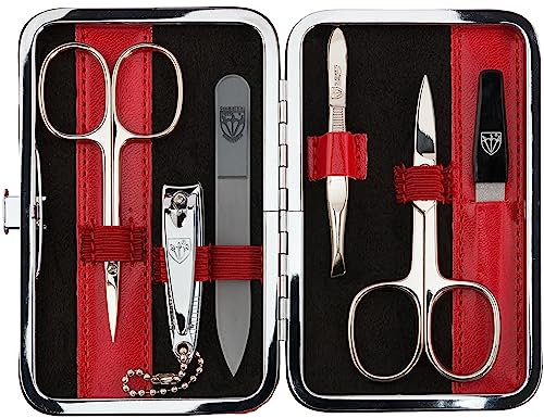 DREI SCHWERTER - Germany 6-tlg. Maniküreset 'Genova' | Nagelpflegeset in rotem Kunstlederetui | Inhalt: Nagelschere, Hautschere, Nagelknipser, Glasnagelfeile, Pinzette, Saphirnagelfeile