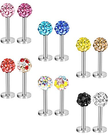 12 Pièces 16 Gauge Nez Goujons en Acier Inoxydable Goujons Labret Hélix Lèvres Piercing de Corps Cristal Tragus Bijoux, 12 Couleurs