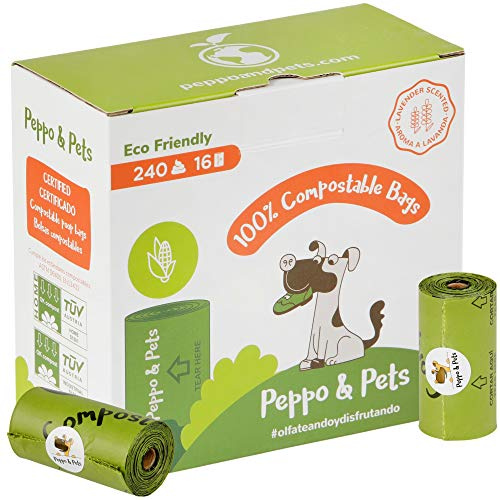 Peppo and Pets- 240 Bolsas caca perro -16 Rollos - Compostables - Fabricadas con almidón de maíz- Certificación ASTM D6400- Olor a Lavanda- Muy Resistentes- A Prueba de Fugas