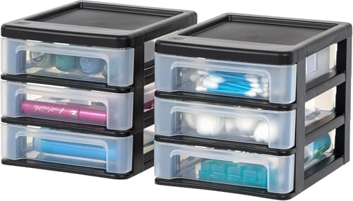 IRIS USA Plastic 3-Drawer Desktop Organizer for Office, Files, & Supplies, Small, Black, 2 Pack