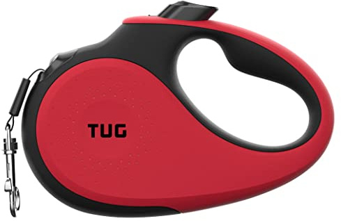 TUG Tiny 360° trasselfritt infällbart hundkoppel med halkfritt handtag; 3 meter stark nylonband/band; enhandsbroms, paus, lås (röd)