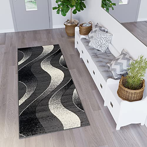 TAPISO Dream Teppich Läufer Meterware Flur Brücke Modern Streifen Wellen Dunkelgrau Creme Schwarz Wohnzimmer Küche ÖKOTEX 60 x 320 cm