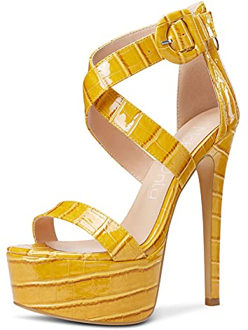 NobleOnly Donna Plateau Moda Sandali Cerniera Tacco a Spillo 15CM Piattaforma High Heels Giallo Scarpe EU 38
