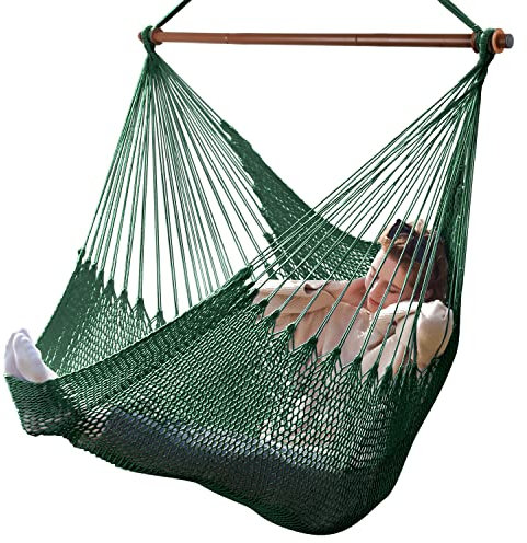 Bathonly Großer Hängesessel mit Metall-Spreizstange, bis 150 kg belastbar, Karibik Hängeschaukel, XL Handgewebt Hängestuhl für Indoor und Outdoor, Wohnzimmer, Terrasse, Garten, Balkon, Grün