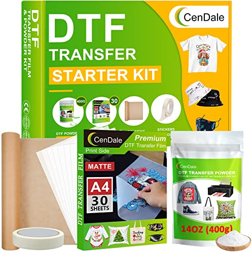 CenDale DTF - Kit de película de transferencia y polvo, 30 hojas de película PET A4 y adhesivo digital blanco termofusible de 283.5 g para cualquier tela y color, kit de inicio DTF para impresora DTF