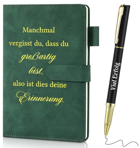 Faccito Inspirierende Geschenke für Kollegen Leder Tagebuch mit Stift Notizbuch A5 mit Spruch Metall Motivation Stift Viel Erfolg Abschiedsgeschenk für Freunde Geschenk für Weihnachten(Dunkelgrün)