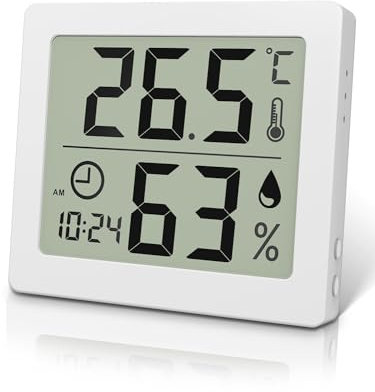 Pitasha - Termómetro digital para interiores 3,2, termómetro de ambiente con medidor de temperatura y humedad con reloj (Blanco)