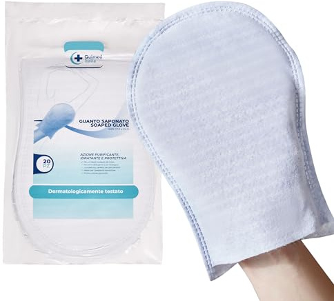 Quimed Italia - Manopole Saponate Monouso di alta qualità con detergente a pH fisiologico super delicato, Guanti Igiene Corpo Usa e Getta Senza risciacquo, 60 pezzi