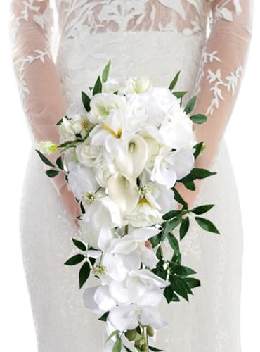 Bouquet Fleur Artificielle Mariage, Fausse Fleur Calla Lily Blanc, Bouquet de Mariée Cascade, Fleur en soie Decoration pour Accessoires De Photographie De Mariage, Saint Valentin, Arrangement Floral