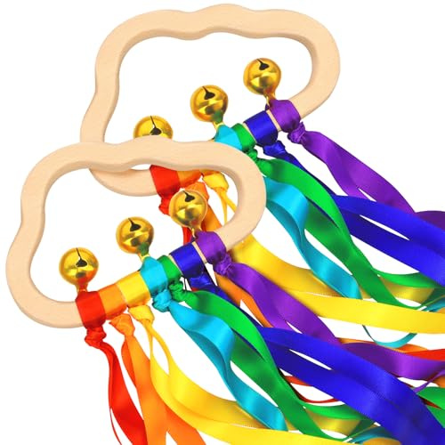syid Baby Wooden Sensory Rattle Toys with Rainbow Ribbons - 2 Pieces | Wood Cloud Ring Play Toys with Colored String & Bells for Babies, Infants, Newborn, Toddlers, Boy & Girl as Shower Gifts
