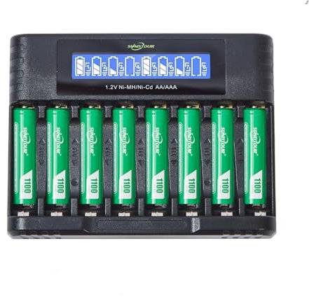 SUNLYTOUR 8 Piezas 1100mAh Ni-MH AAA Baterías Con Cargador de 8 Ranuras Para AA/AAA, Hasta 1,200 Veces Recargables