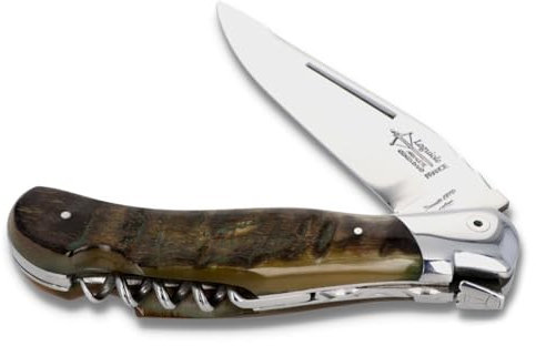 Arbalete G. David Laguiole Jagdmesser mit Korkenzieher - Griff Widderhorn - Klinge 10 cm glänzend - Backen glänzend - Klappmesser Taschenmesser
