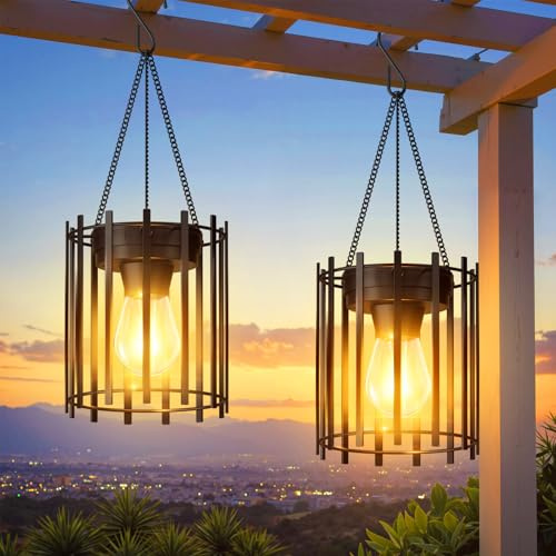 RECHOO Solarlampen für Außen Hängend, 2 Stück Solar Laternen für Draußen mit Größer LED-Glühbirne, IP65 Wasserdicht Metall Solarleuchten für Außen mit Haken und Kette für Balkon Garten Weihnachtsdeko