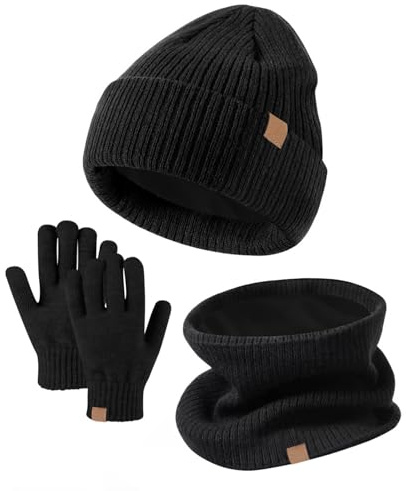MUNSKT Ensemble 3 pièces bonnet, écharpe et gants d'hiver pour enfants - Bonnet tricoté thermique chaud - Cache-cou et gants tactiles - Doublure en polaire souple - Élastique pour enfants de 5 à 12