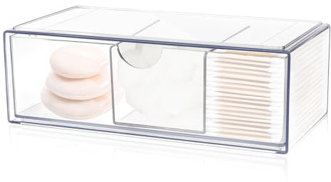 Pavlleen Badezimmerschrank Wattepadspender, Wattestäbchen Behälter, Acrylbox Schubladen Make-up Organizer 3 Fächer, Für Wattestäbchen, Make-up Eier, Haargummis, Zahnseide-Sticks, Transparent