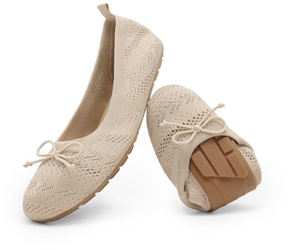 DREAM PAIRS Women's Flats, Foldable Ballet Flats for Women, Bowknot Round Toe Comfort Light Weight Slip-On Knit Dress Shoes,Size 9,Nude,DWUMFA2502