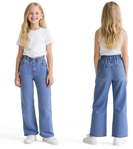Baogaier Jeans para Niñas, Holgados de Pierna Ancha Vaqueros Casual Pantalones con Cintura Elástica, Largos Stretch Azul Claro Denim Jeans con Bolsillos Moda Infantil Pants 9-10 años