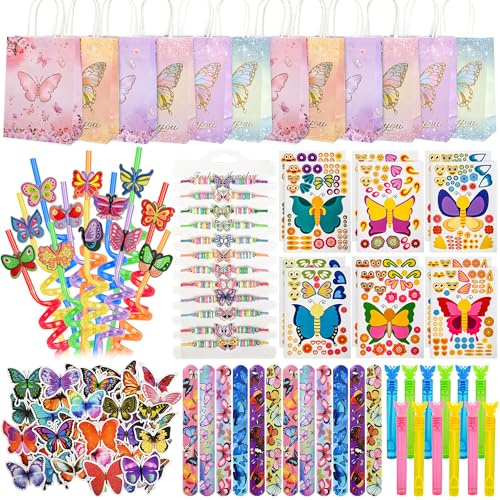 LiYiQ 122 Pcs Butterfly Party Favors included Straw Make Your Own Butterfly Stickers and Gifts Bags for Butterfly Birthday Party Supplies