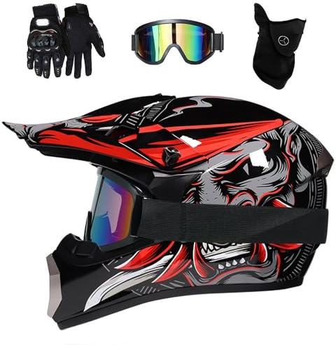 Juventud Niños MTB Casco de Motocross, Deportes Extremos Integrales Todoterreno Moda ATV Motocicleta Cascos, Descenso Enduro BMX Quad Dirt Bike Casco, con Guantes/Gafas/Máscara