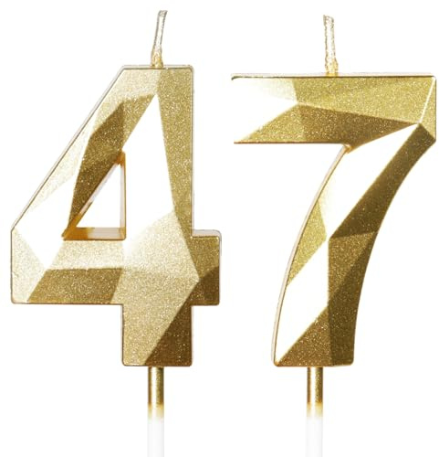 Yiran Velas de Cumpleaños 47 Años Dorado, Decoraciones para Hombres y Mujeres, Número 47 3D para Tarta, Topper de Vela Dorado, Suministros para Fiestas, Bodas y Aniversarios