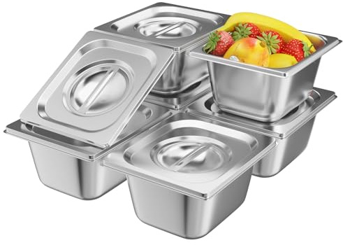 TAIMIKO 6PCS Stainless Steel Gastronorm Pan Food Container Pot ，100mm Depth,Heavy Duty Tray Food Storage Container Bain Marie Catering Food Pans,1mm thickness (1/6 Pan,6pcs,with Lids)
