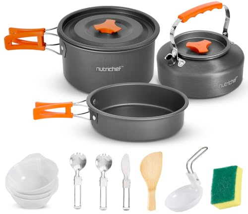 Nutrichef Utensilios Cocina Camping, Set, Compacto, Liviano, Sartenes, Ollas, Bowls, Cubiertos, Antiadherentes,Mangos Plegables, Ideal para Acampadas y Viajes