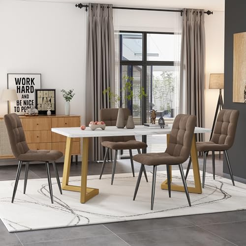 Crlnaup Matgrupp, set 117 x 68 cm matbord med 4 stolar), rektangulärt matbord, modernt köksbordsset, matstol brun sammet, köksstol, gyllene bordsben