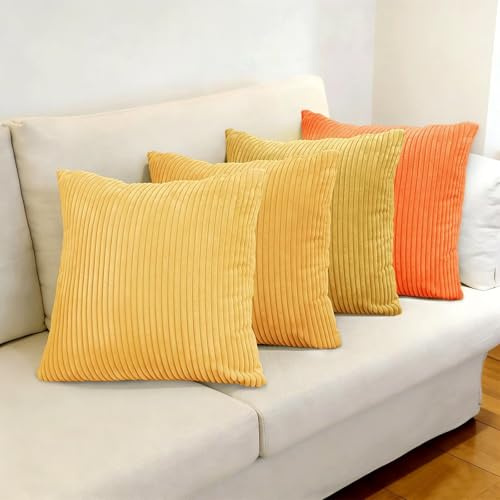 Longing Home Kissenbezug 45x45cm 4er Set Orange und Gelb Weiche Kissenhüllen Zierkissen Dekokissen Couchkissen für Dekorative Sofakissen Schlafzimmer Wohnzimmer Balkon Kinder, Gestreift Farbverlauf
